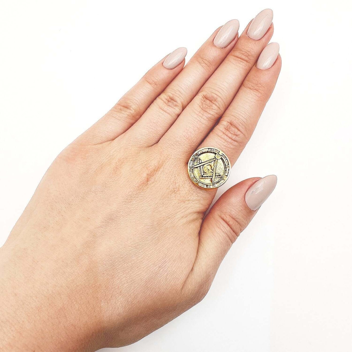 10K Gold Yellow CZ Master Mason Freemason Symbol Signet Ring