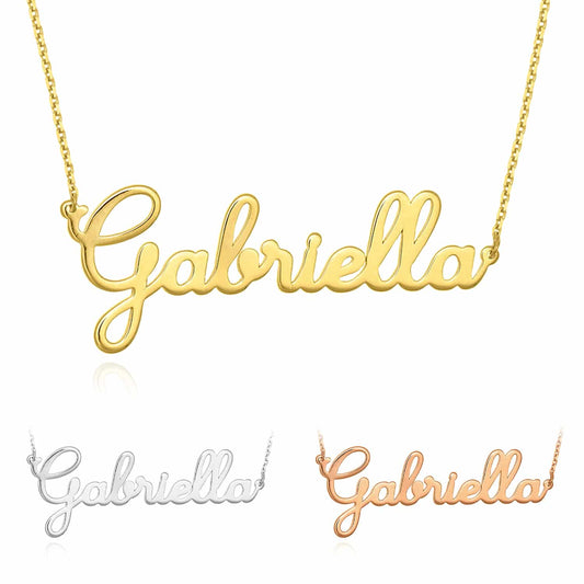 Customizable 14K Yellow White Rose Gold Cursive Nameplate Necklace (Solid Links) 14"-18" Adjustable