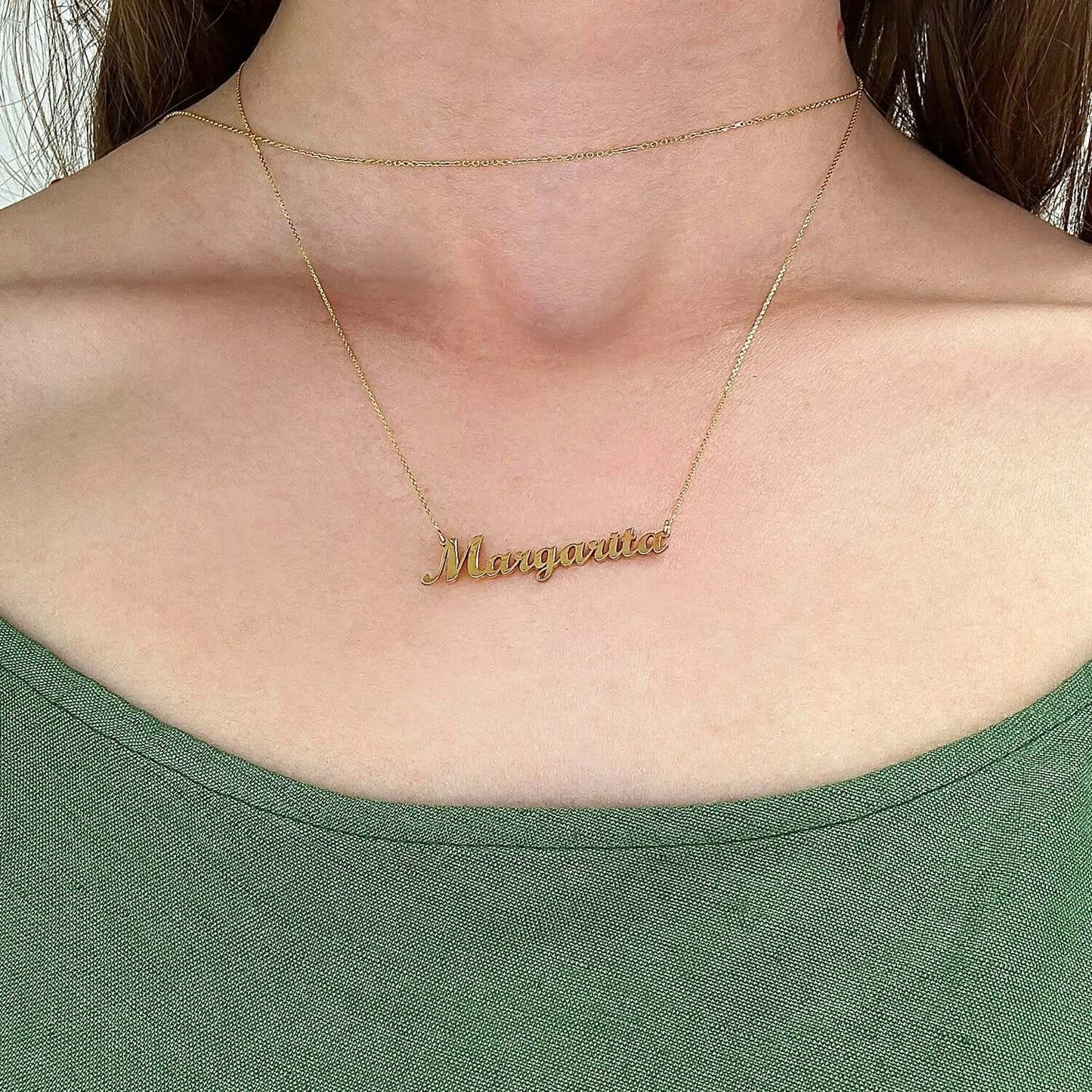 Customizable 14K Yellow White Rose Gold Cursive Nameplate Necklace (Solid Links) 14"-18" Adjustable