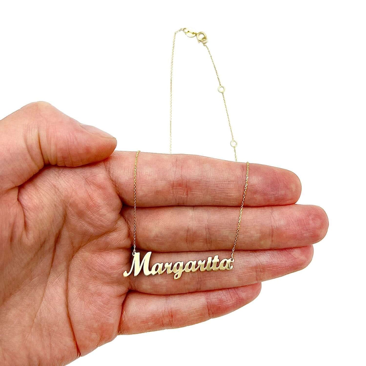 Customizable 14K Yellow White Rose Gold Cursive Nameplate Necklace (Solid Links) 14"-18" Adjustable