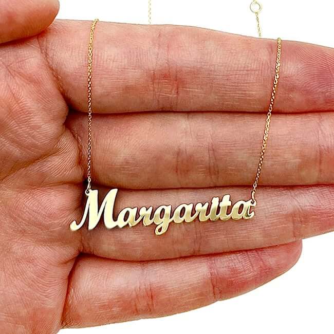 Customizable 14K Yellow White Rose Gold Cursive Nameplate Necklace (Solid Links) 14"-18" Adjustable