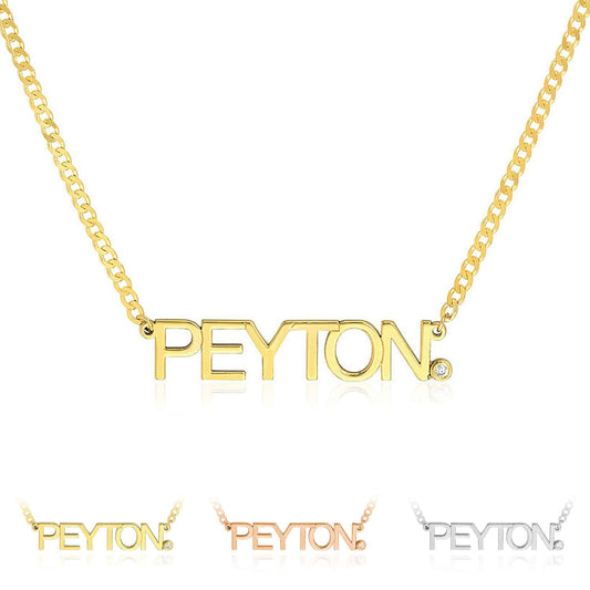 Customizable Natural Diamond 14K Yellow Gold Nameplate Necklace (Solid Links) 0.2" 16"-18" Adjustable