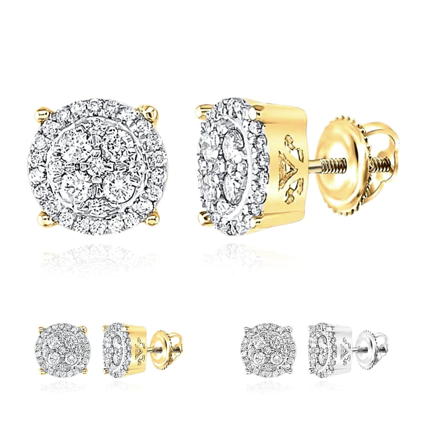 Natural Diamond 10K Gold Yellow White Round Cluster Stud Earrings 6.6-9mm