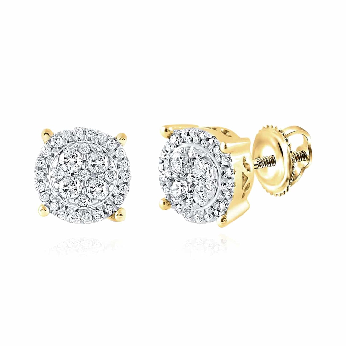 Natural Diamond 10K Gold Yellow White Round Cluster Stud Earrings 6.6-9mm