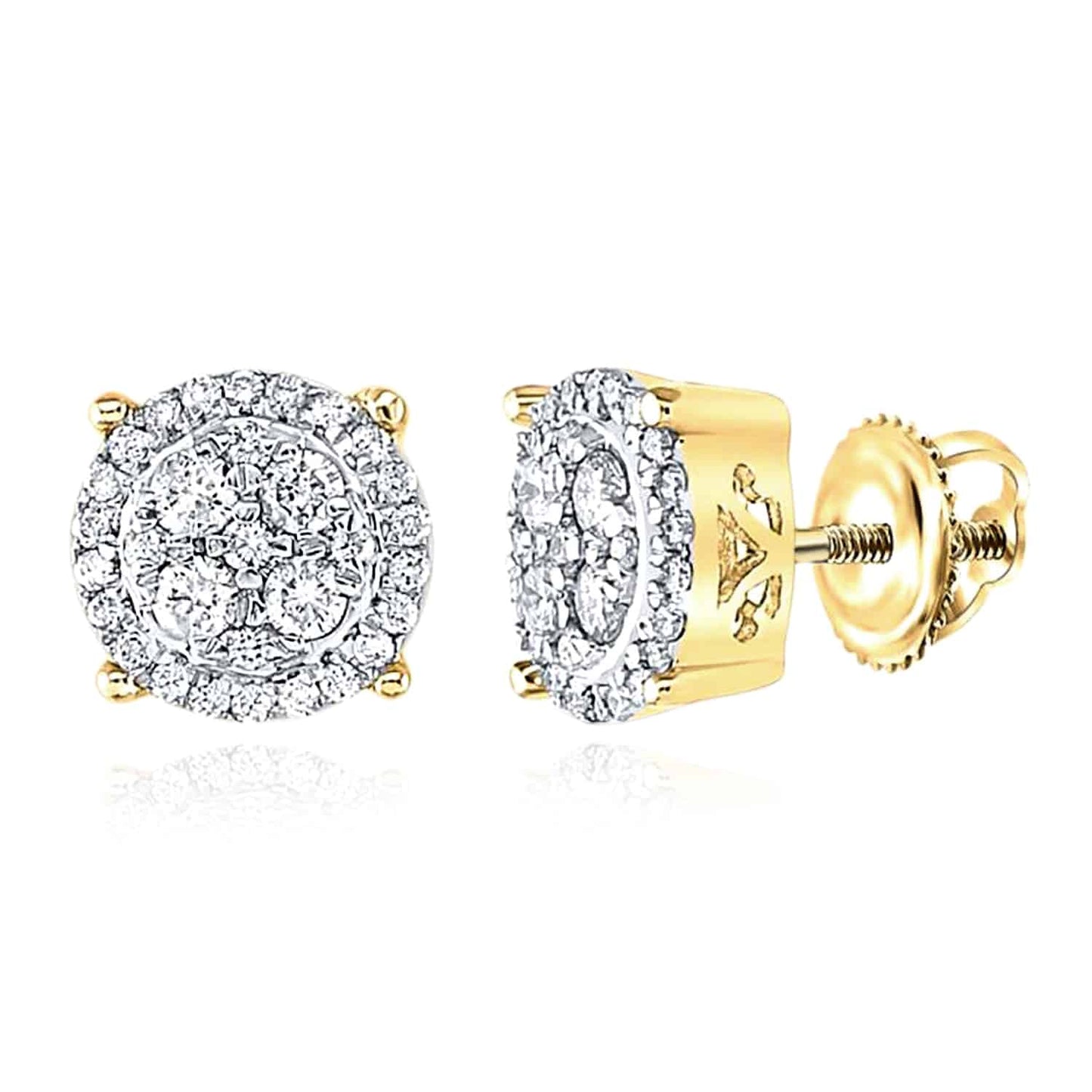 Natural Diamond 10K Gold Yellow White Round Cluster Stud Earrings 6.6-9mm