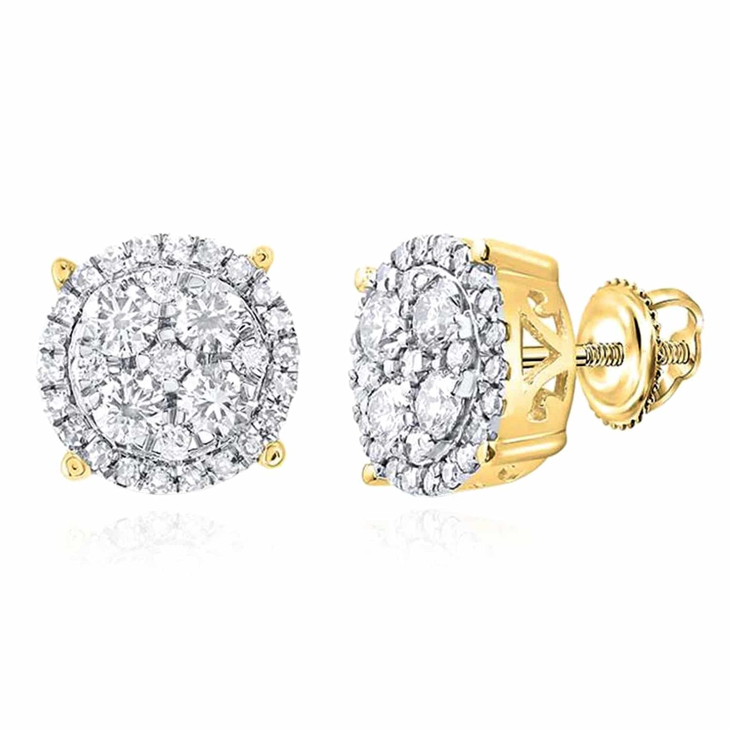 Natural Diamond 10K Gold Yellow White Round Cluster Stud Earrings 6.6-9mm