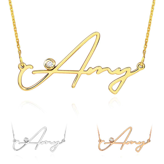 Customizable Natural Diamond 14K Yellow Gold Signature Nameplate Necklace (Solid Links) 16"-18" Adjustable
