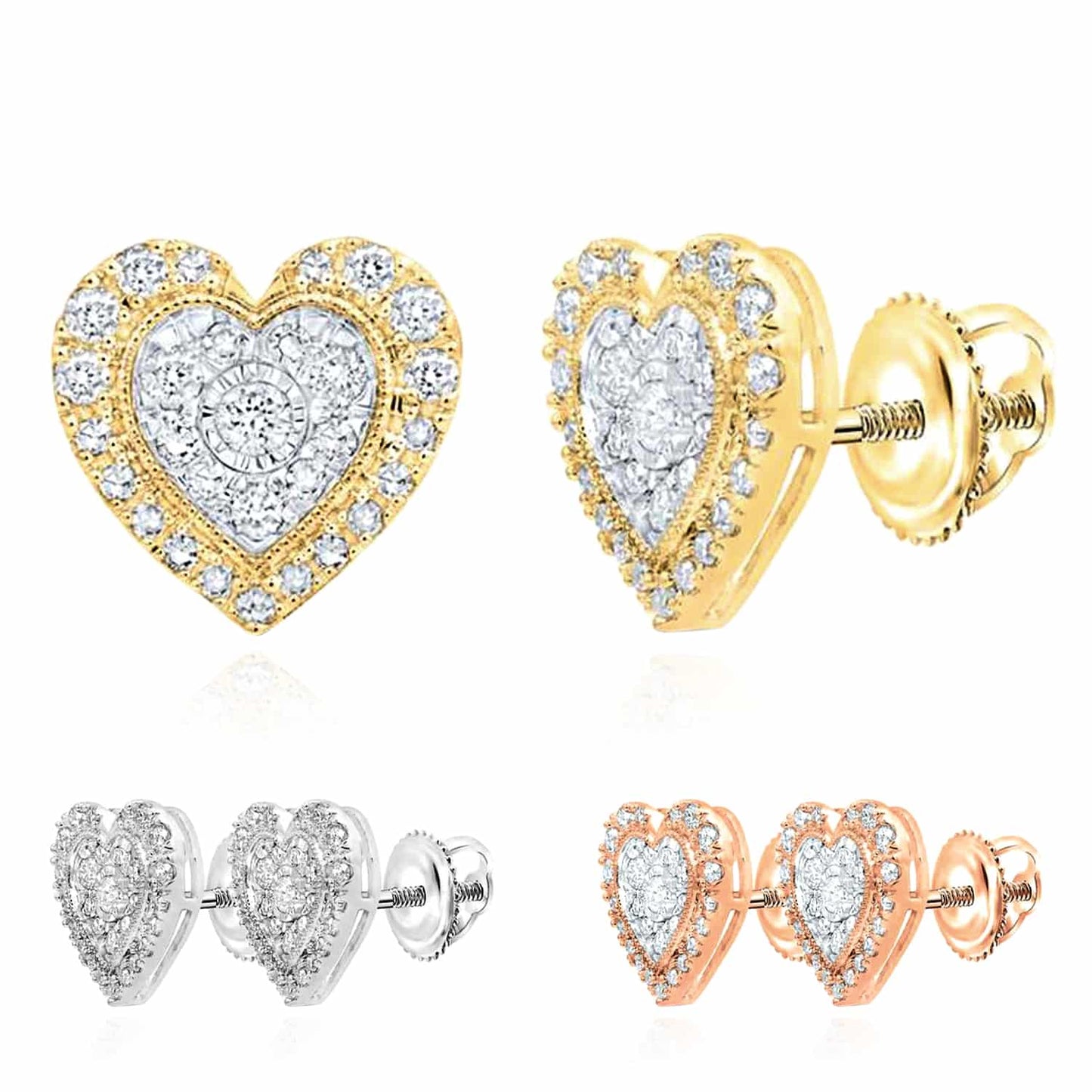 Natural Diamond 10K Gold Yellow White Rose Halo Heart Screw Back Stud Earrings