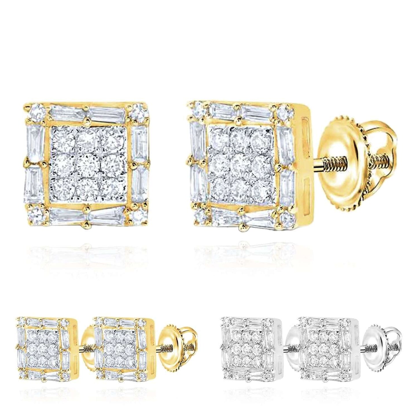 .50CTW Natural Diamond 10K Gold Yellow White Baguette Square Stud Earrings 7.5mm