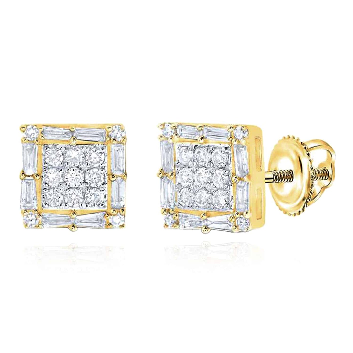 .50CTW Natural Diamond 10K Gold Yellow White Baguette Square Stud Earrings 7.5mm