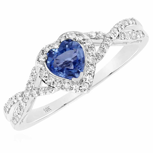 0.98CTW Natural Diamond 10K Gold White Wavy Halo Blue Sapphire Heart Ring