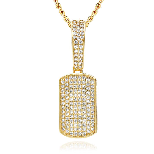 10K Yellow Gold CZ Dog Tag Pendant 1.5"