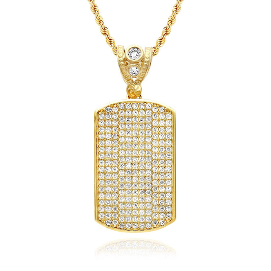 10K Yellow Gold CZ Dog Tag Pendant 1.5"