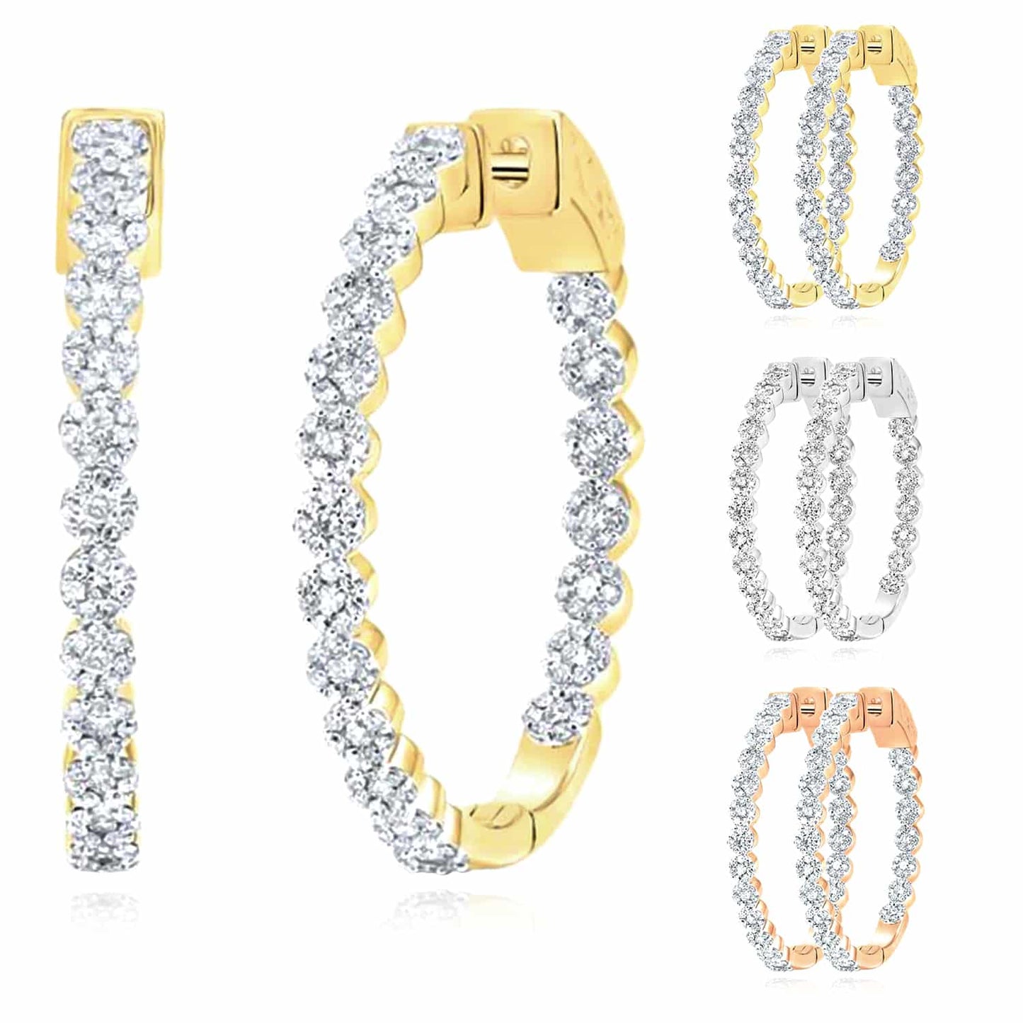 1.12CTW Natural Diamond 10K Gold Yellow White Rose Inside Outside Hoop Earrings