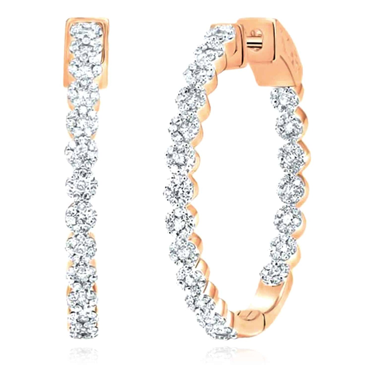 1.12CTW Natural Diamond 10K Gold Yellow White Rose Inside Outside Hoop Earrings