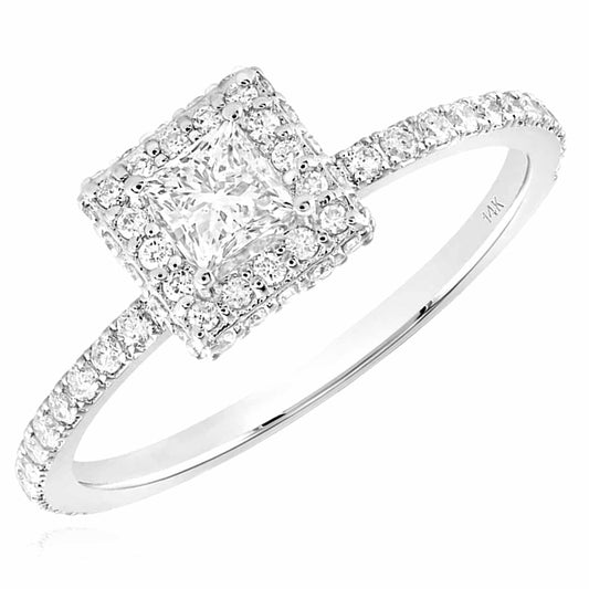 0.75CTW Natural Diamond 14K White Gold Princess-Cut Halo Engagement Ring