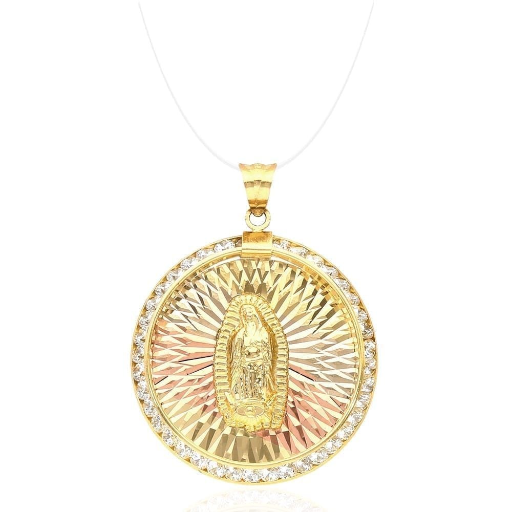 14k Gold CZ Cut Virgin Guadalupe Medallion Pendant 1.26"