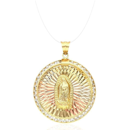 14k Gold CZ Virgin Guadalupe Medallion Pendant 1.26"