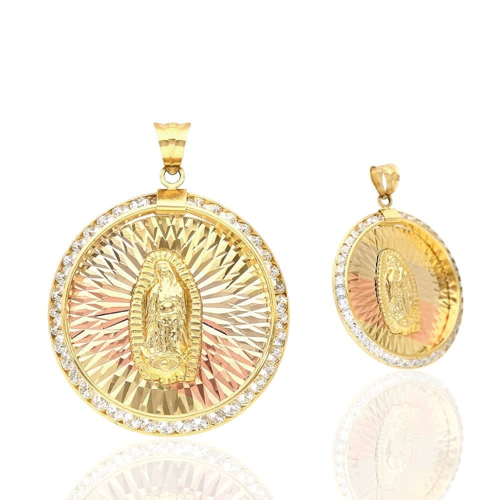 14k Gold CZ Cut Virgin Guadalupe Medallion Pendant 1.26"