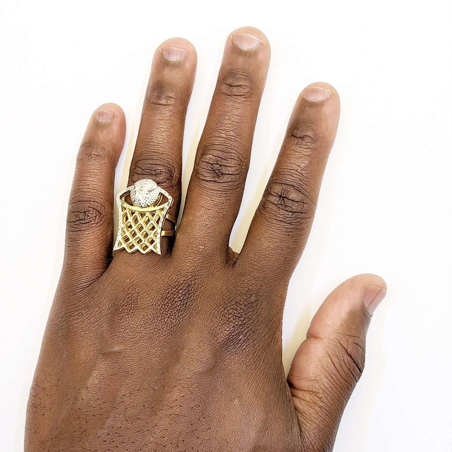 10K Gold Two-Tone Yellow White Diamond Cut Basketball Hoop Signet Ring