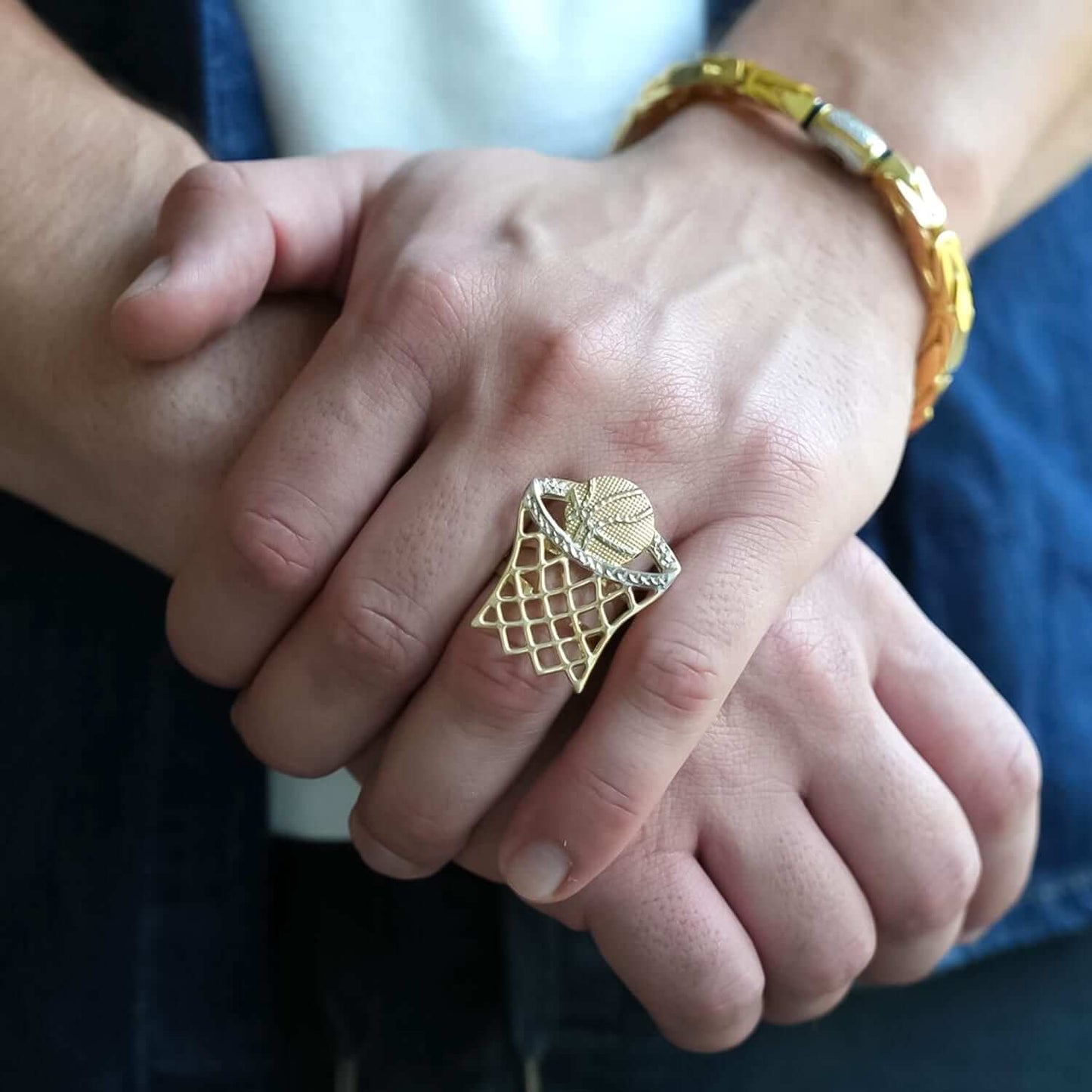 10K Gold Two-Tone Yellow White Diamond-Cut Basketball Hoop Signet Ring