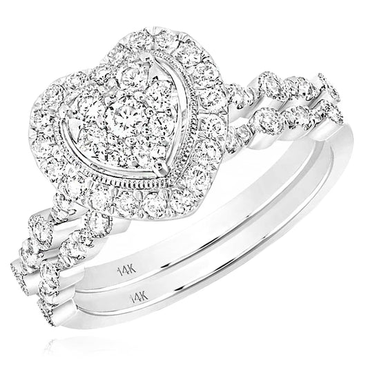 0.67CTW Natural Diamond 14K White Gold Heart Cluster Bridal Engagement Ring Set