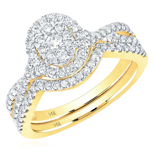 0.75CTW Natural Diamond 14K Yellow Gold Oval Cluster Engagement Wedding Ring Set