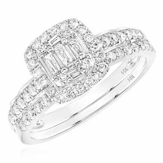 0.75CTW Natural Diamond 14K White Gold Baguette Engagement Wedding Ring Set