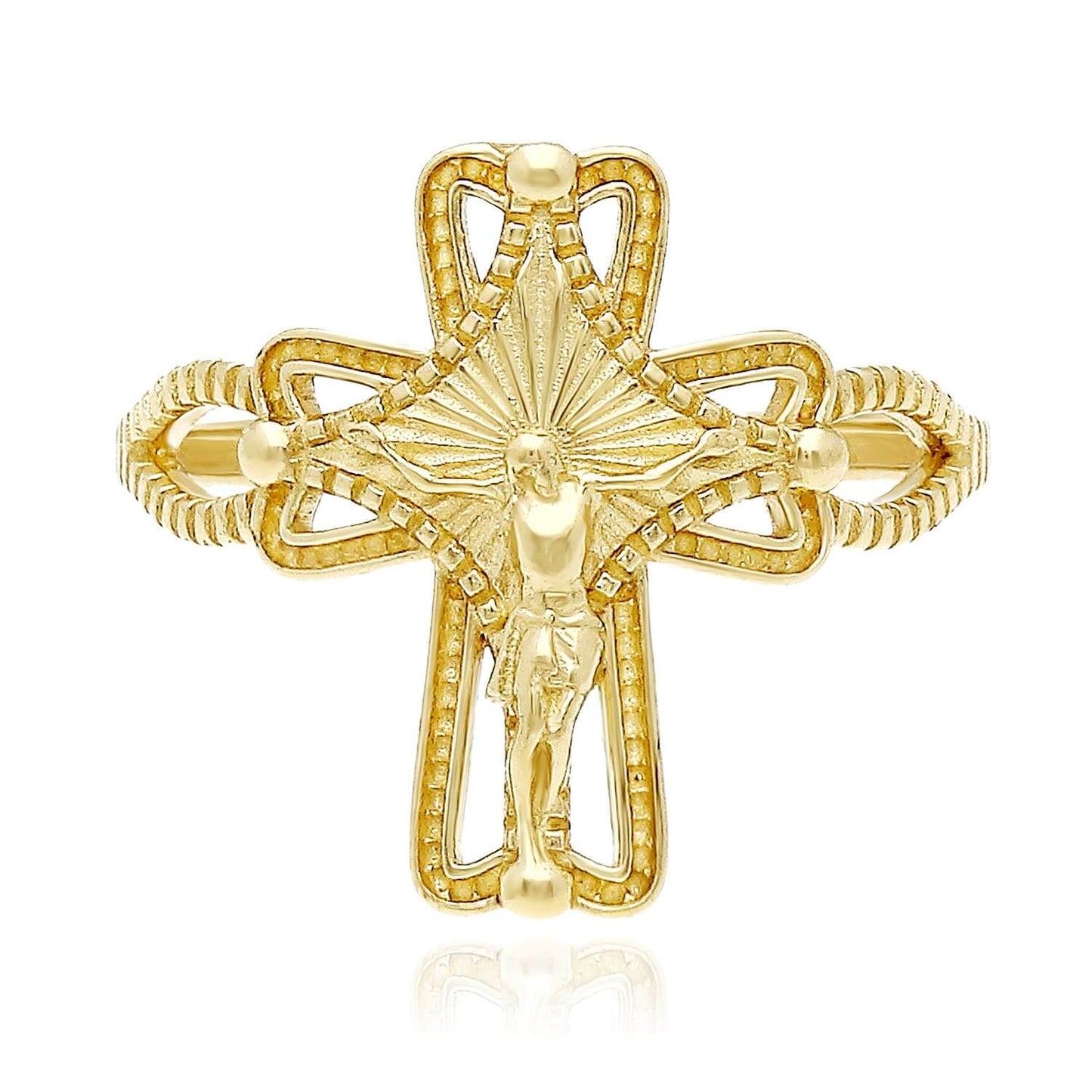 10K Yellow Gold Ornamental Jesus Crucifix Cross Ring