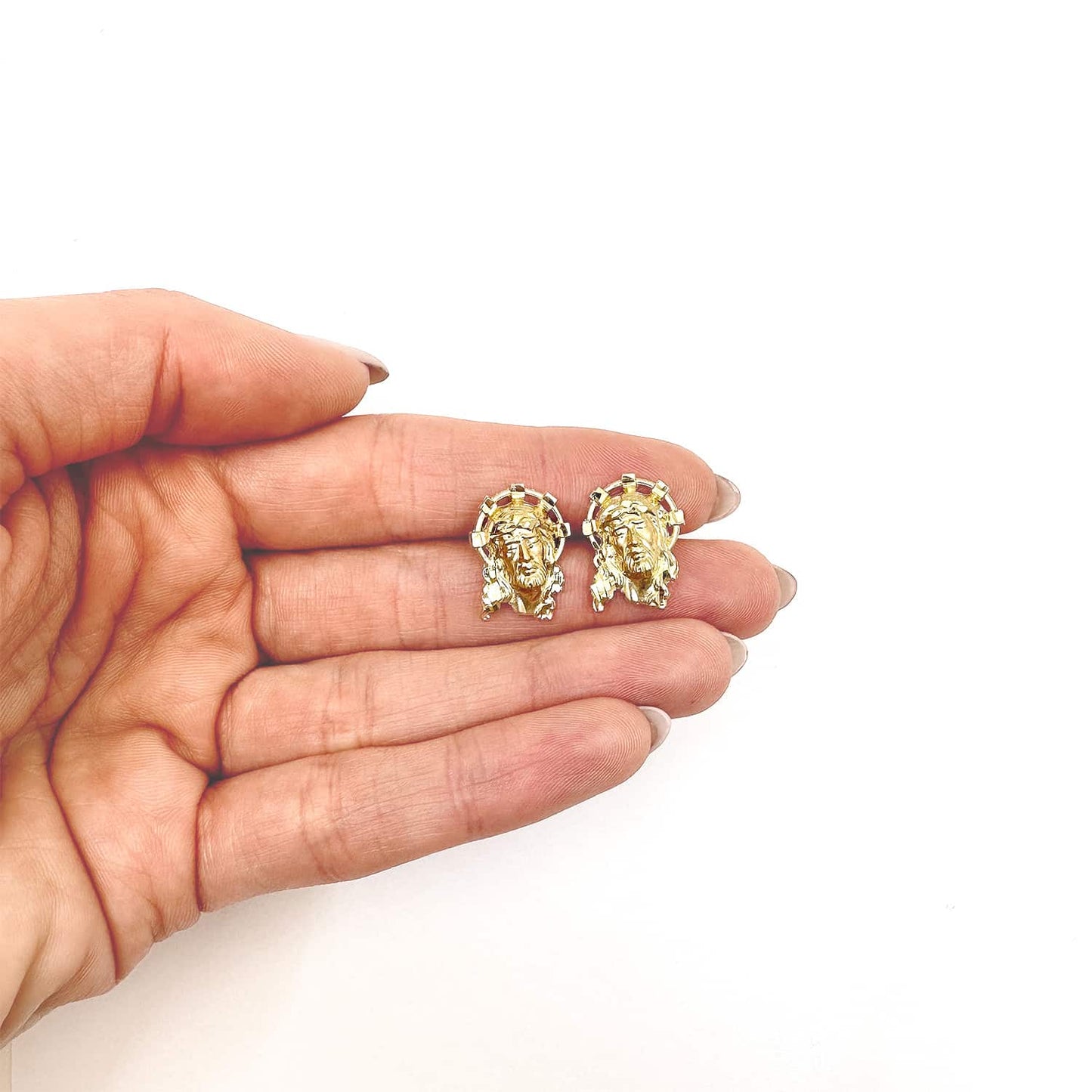 10K Real Gold Jesus Face Stud Earrings 17mm