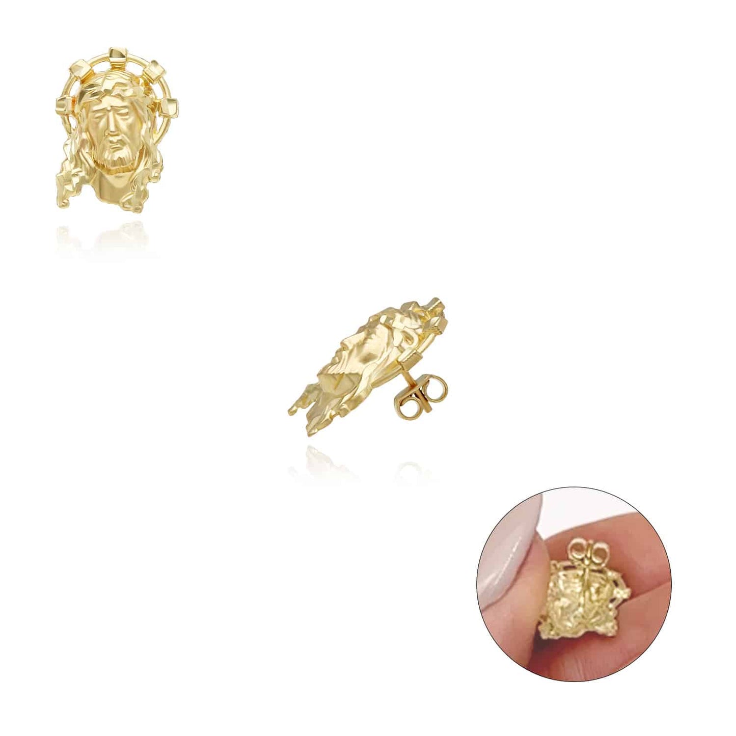 10K Real Gold Jesus Face Stud Earrings 17mm