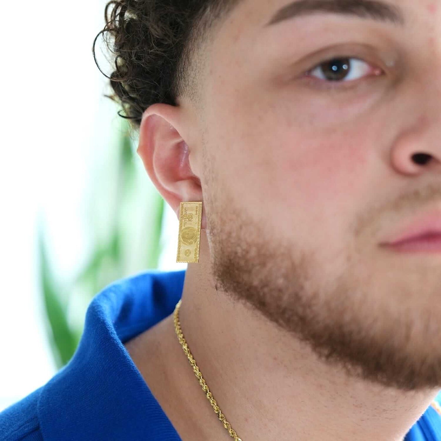 10K Yellow Gold 100 Dollar Bill Stud Earrings 30mm