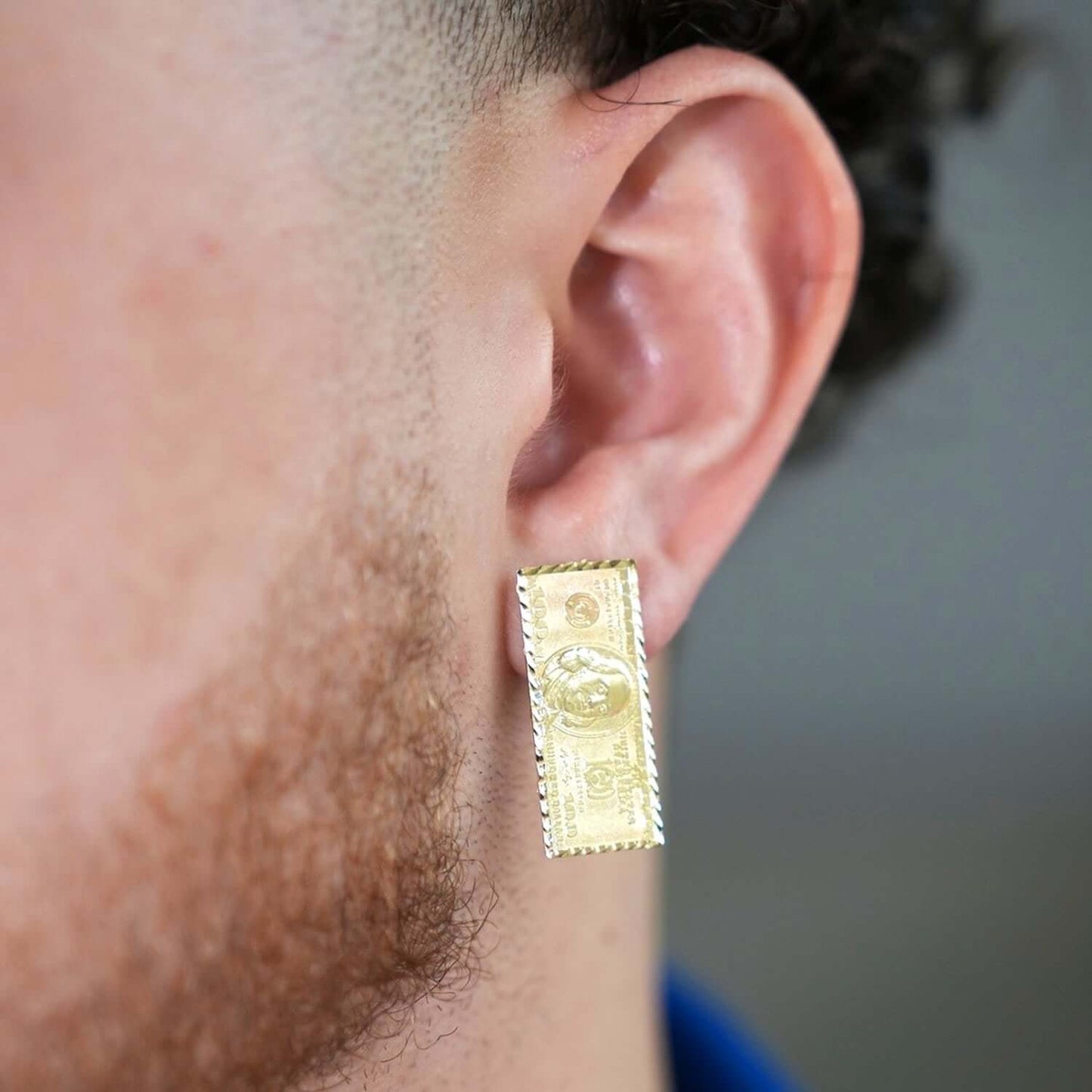 10K Yellow Gold 100 Dollar Bill Stud Earrings 30mm