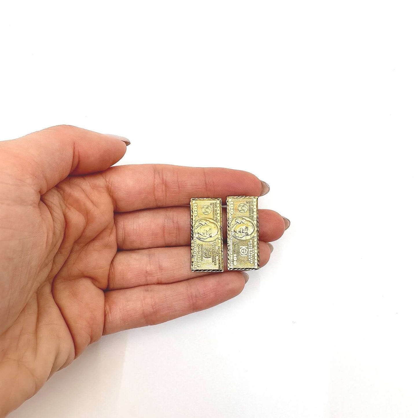 10K Yellow Gold 100 Dollar Bill Stud Earrings 30mm