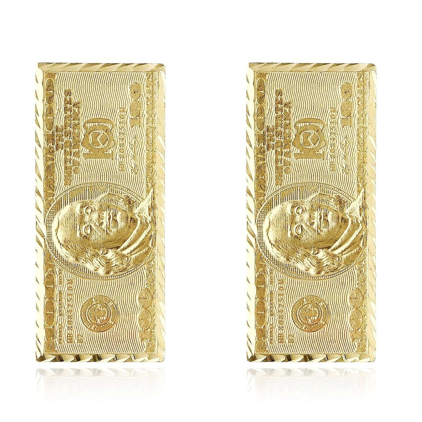 10K Yellow Gold 100 Dollar Bill Stud Earrings 30mm