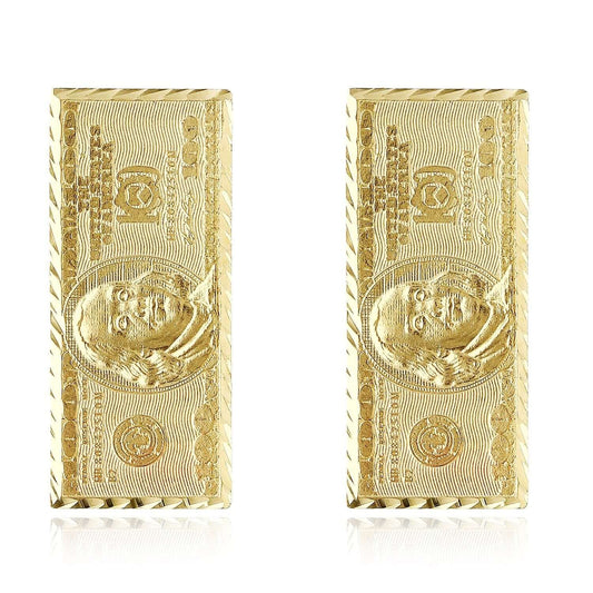 10K Yellow Gold 100 Dollar Bill Stud Earrings 30mm