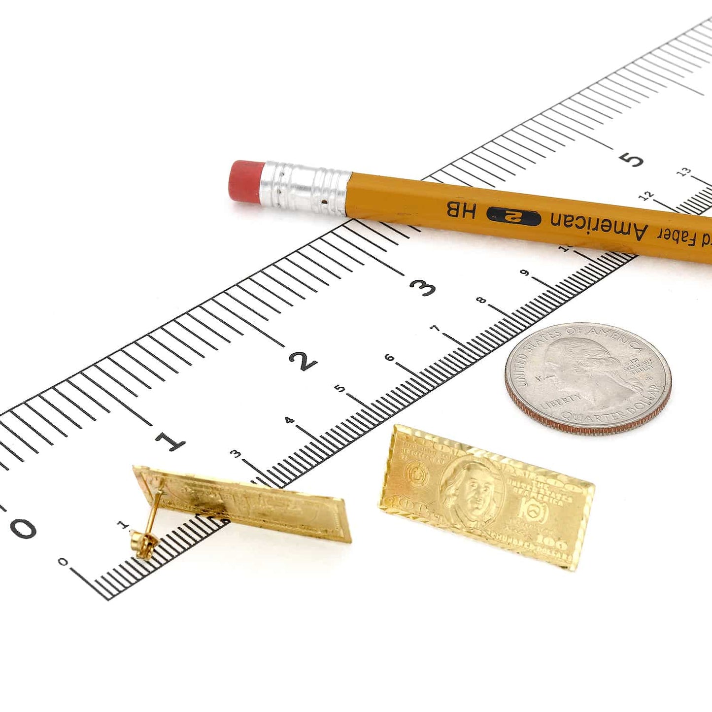 10K Yellow Gold 100 Dollar Bill Stud Earrings 30mm