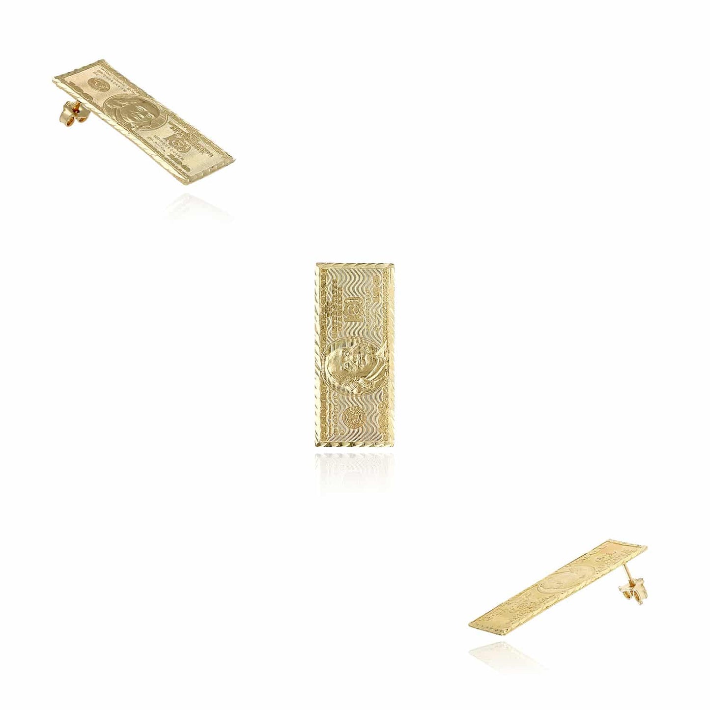 10K Yellow Gold 100 Dollar Bill Stud Earrings 30mm