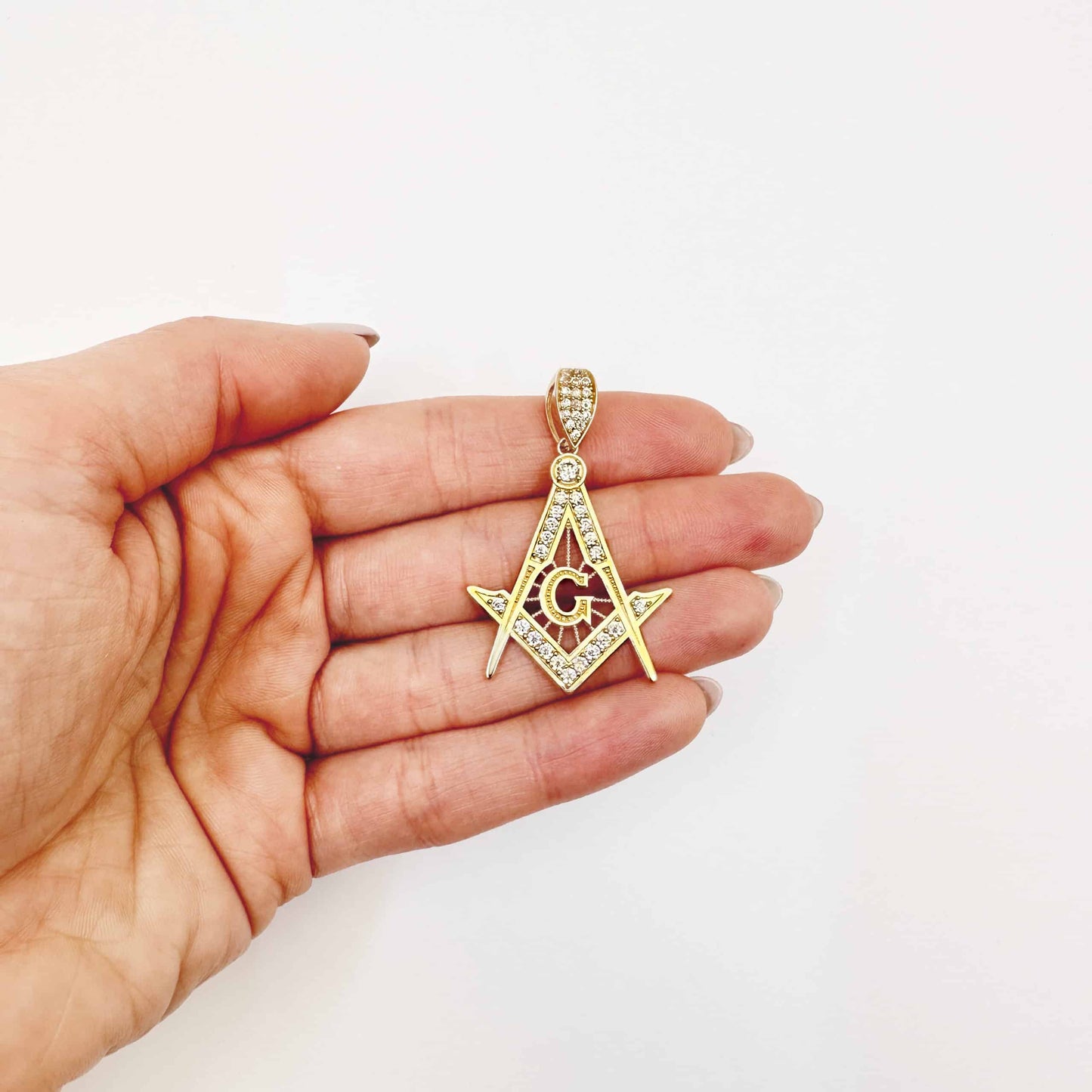 10K Yellow Gold CZ Master Mason Freemason Pendant 1.8"