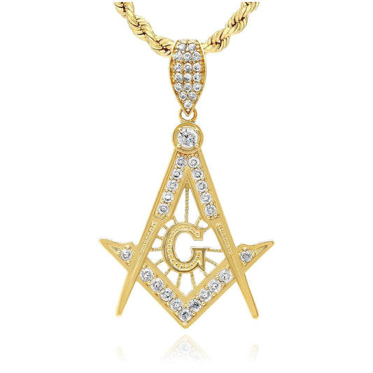 10K Yellow Gold CZ Master Mason Freemason Pendant 1.8"