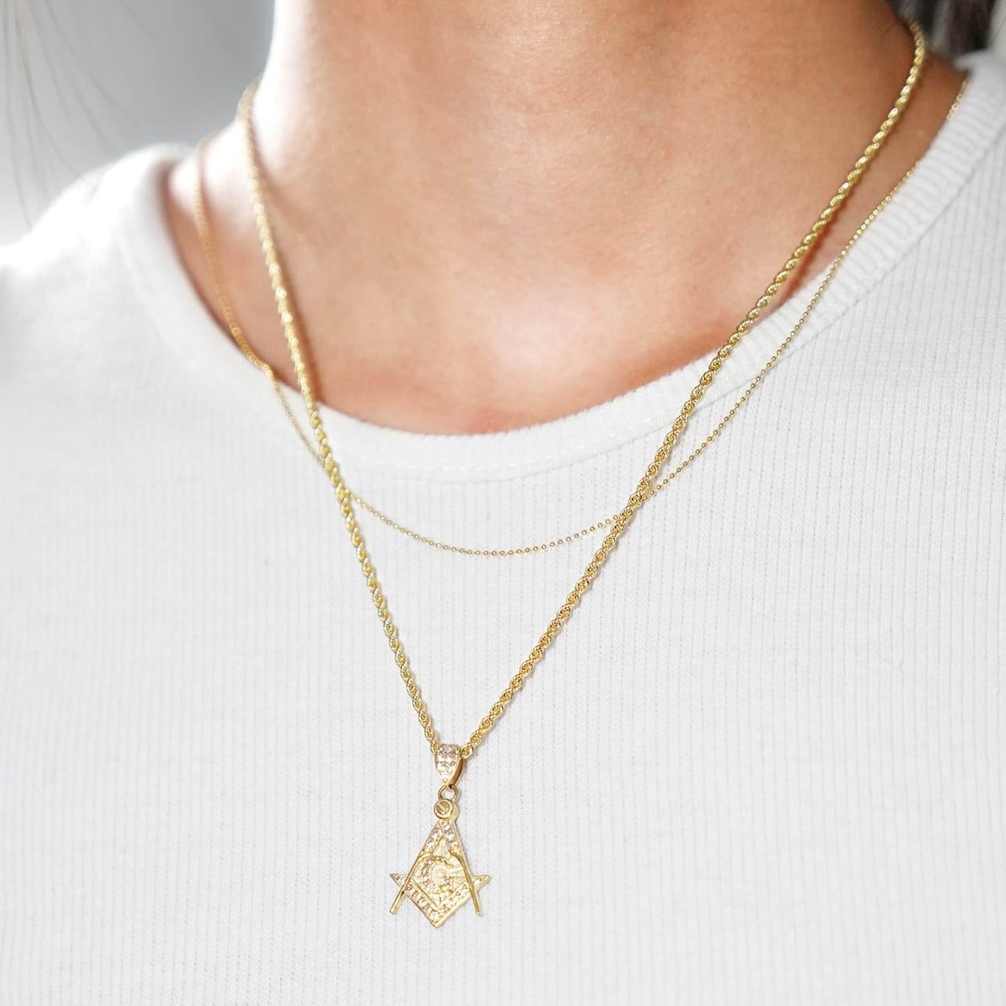 10K Yellow Gold CZ Freemason Square Compass Masonic Pendant 1.1"
