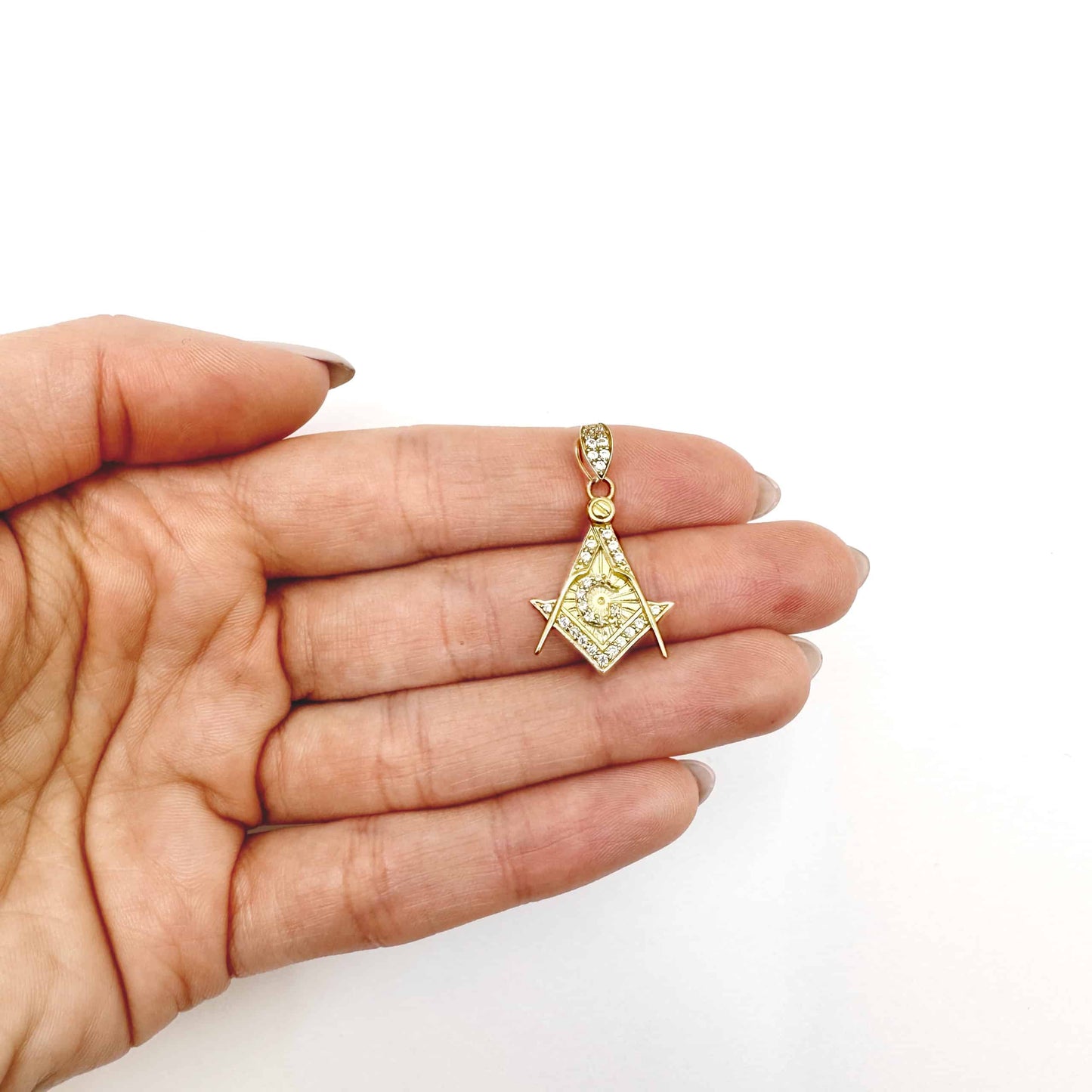 10K Yellow Gold CZ Freemason Square Compass Masonic Pendant 1.1"