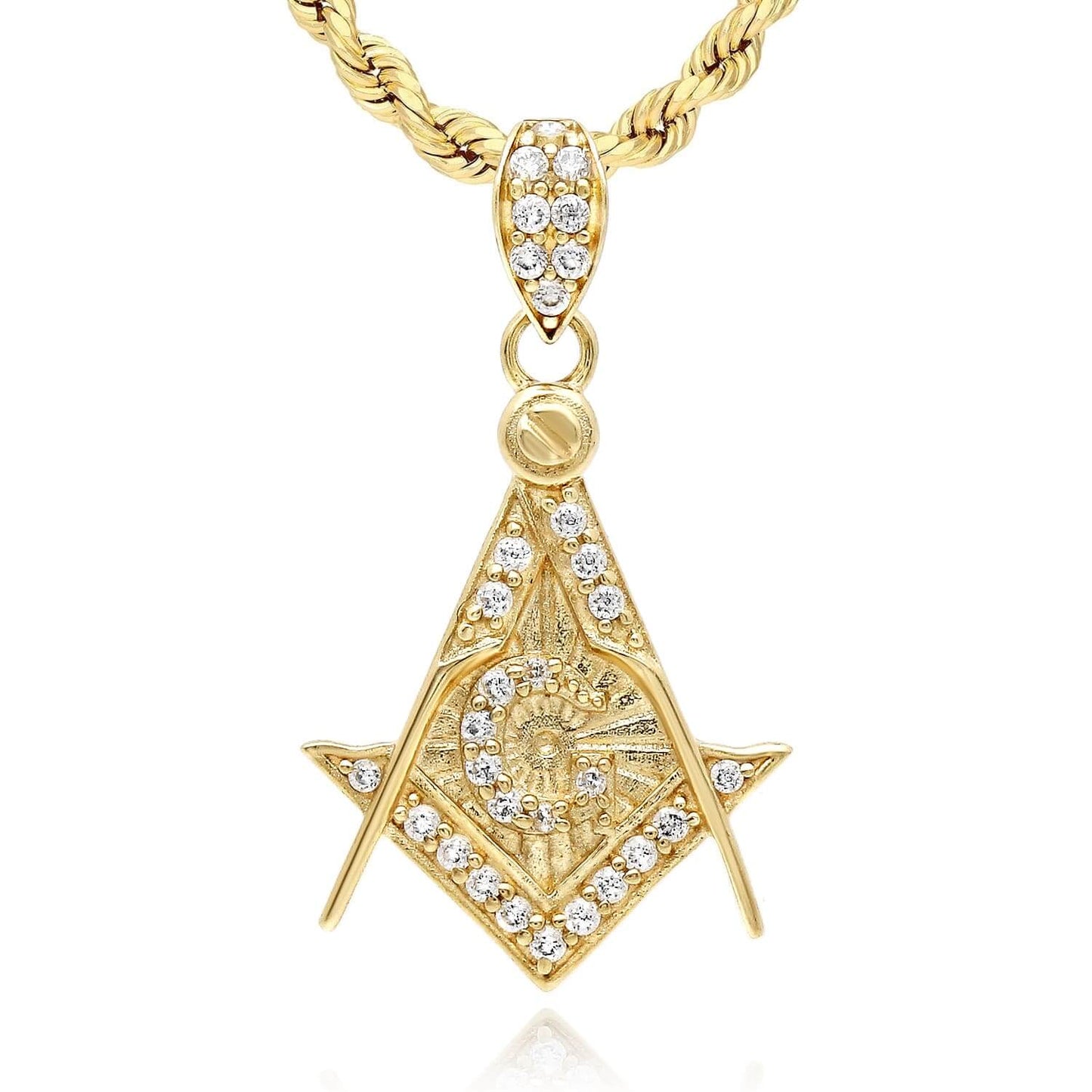 10K Yellow Gold CZ Freemason Square Compass Masonic Pendant 1.1"