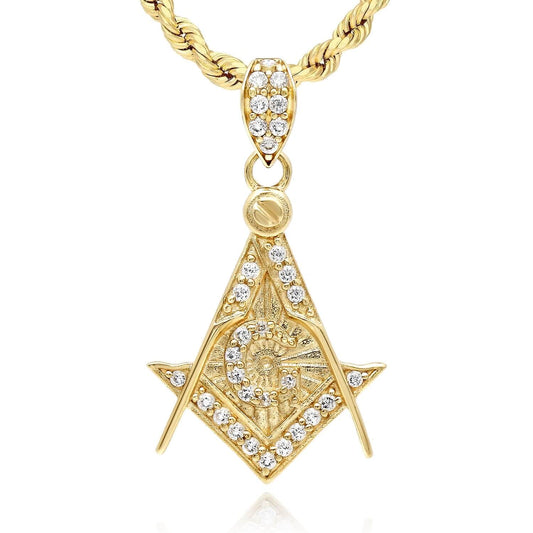 10K Yellow Gold CZ Freemason Square Compass Masonic Pendant 1.1"