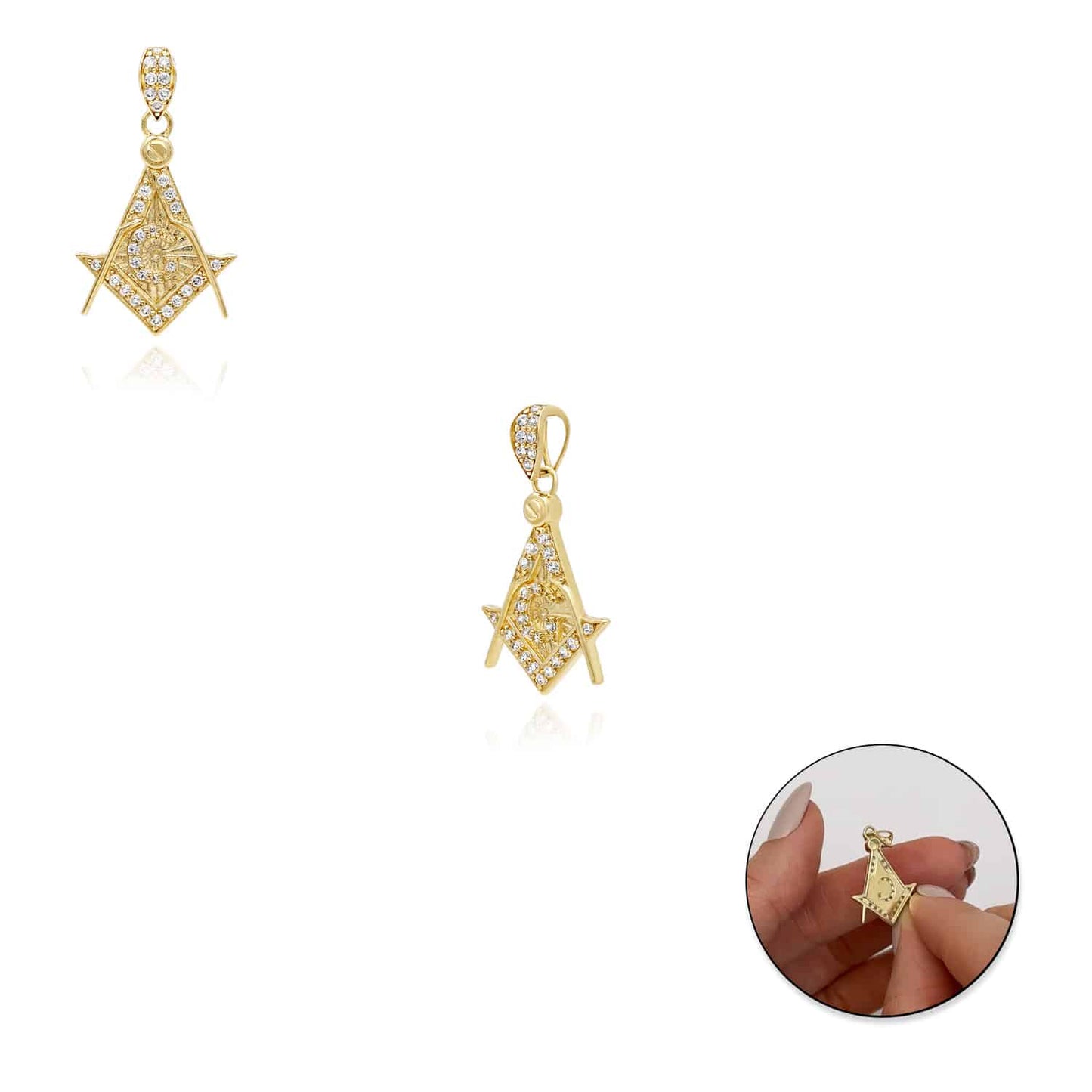 10K Yellow Gold CZ Freemason Square Compass Masonic Pendant 1.1"