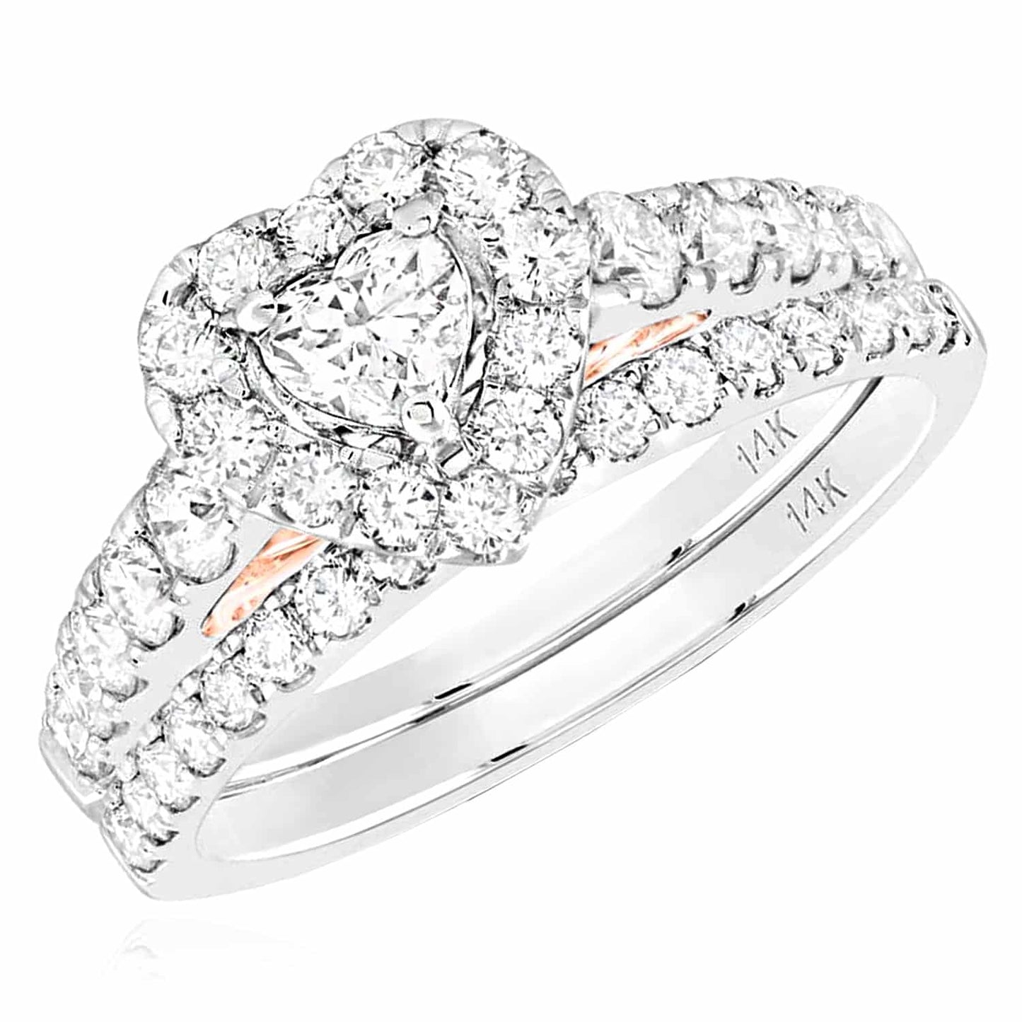 1.30CTW Real Diamond 14K Real Gold White Heart Bridal Engagement Ring Set