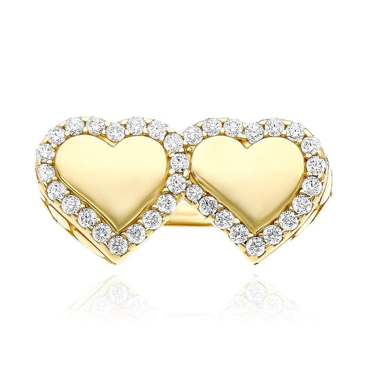 10K Gold Yellow CZ Double Heart Signet Ring