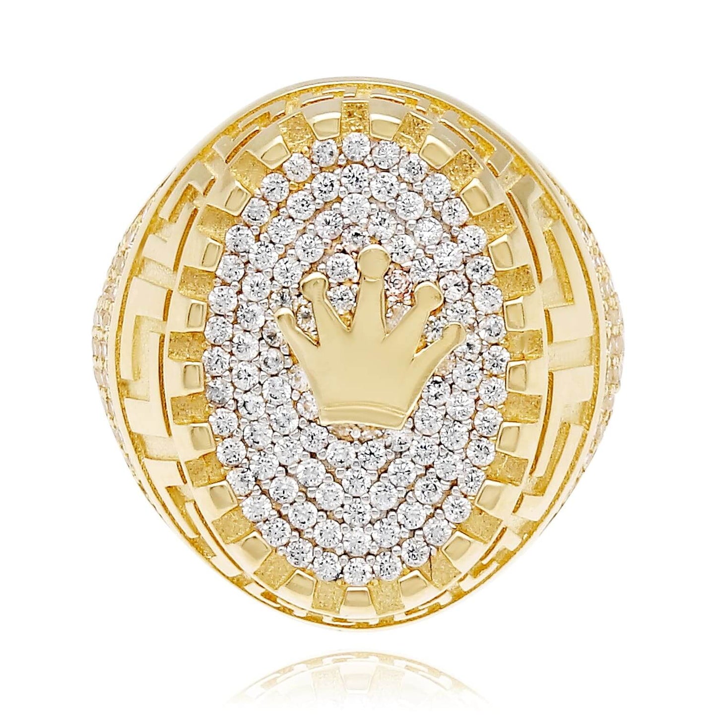 14K Real Gold Yellow CZ Pave Ornaments Crown Signet Ring
