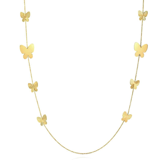 14K Yellow Gold Graduating Butterfly Station Necklace (Solid Links) 26"