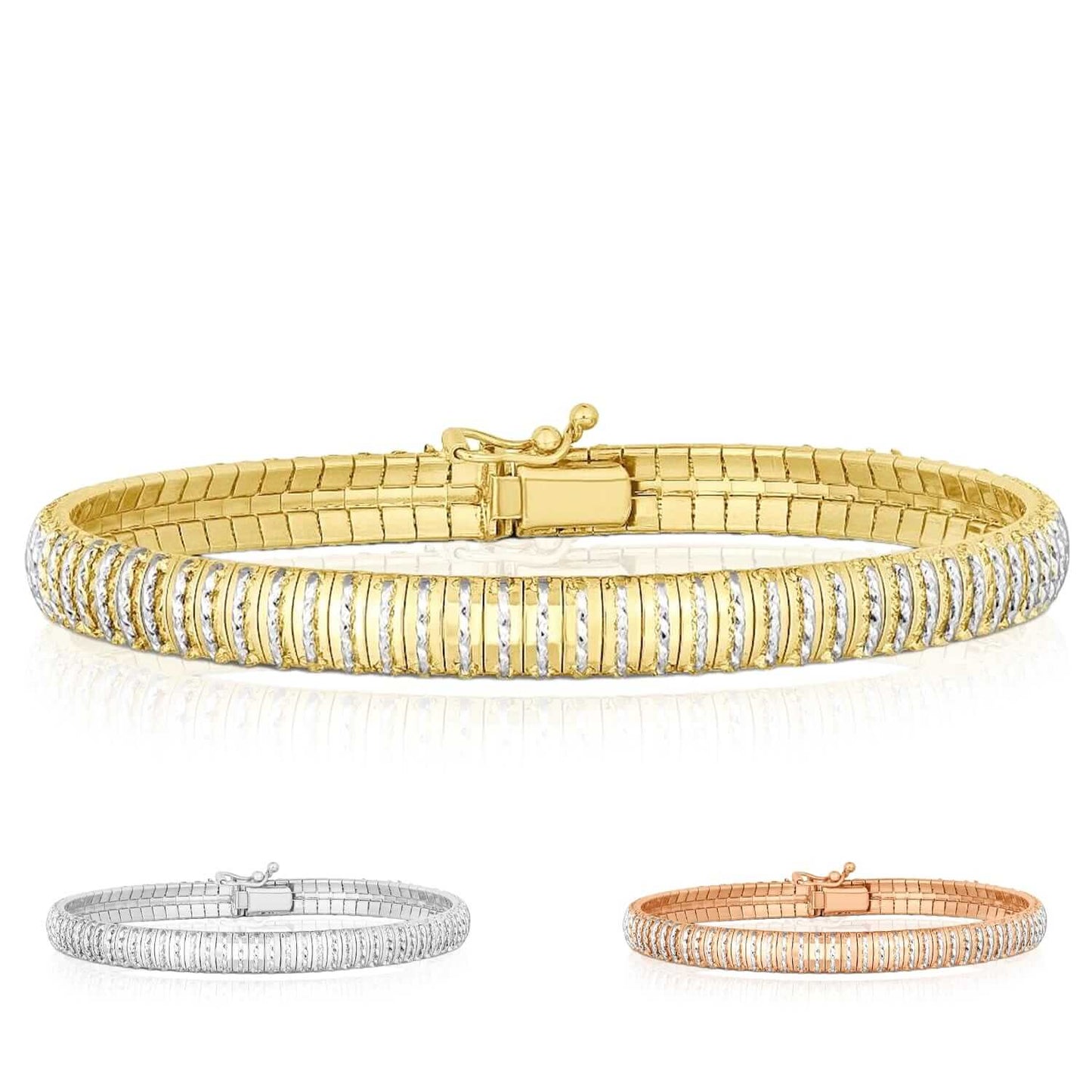 14K Real Gold Yellow White Rose 6mm Diamond-Cut Bulky Flexible Bangle Bracelet 7"
